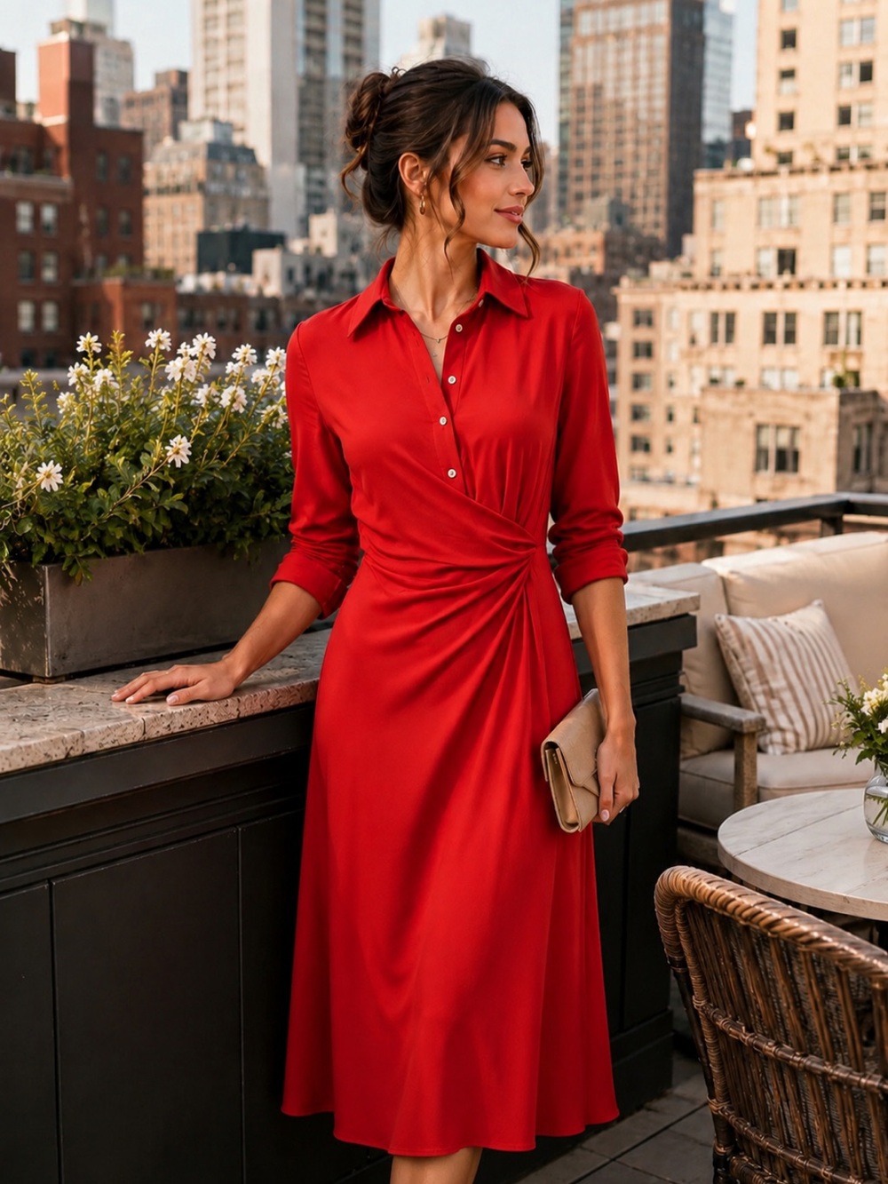 Beautiful Mango Red Button-Front Midi Dress with Twisted Waist❤️XS